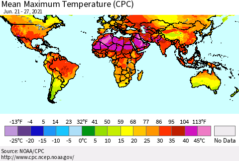 World Mean Maximum Temperature (CPC) Thematic Map For 6/21/2021 - 6/27/2021