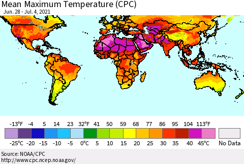 World Mean Maximum Temperature (CPC) Thematic Map For 6/28/2021 - 7/4/2021