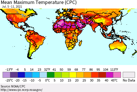 World Mean Maximum Temperature (CPC) Thematic Map For 7/5/2021 - 7/11/2021