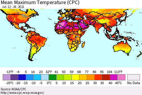 World Mean Maximum Temperature (CPC) Thematic Map For 7/12/2021 - 7/18/2021