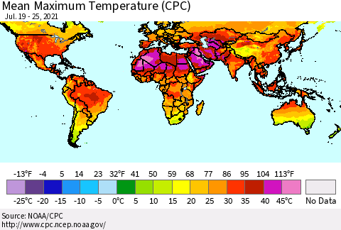 World Mean Maximum Temperature (CPC) Thematic Map For 7/19/2021 - 7/25/2021