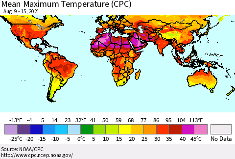 World Mean Maximum Temperature (CPC) Thematic Map For 8/9/2021 - 8/15/2021