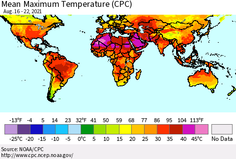 World Mean Maximum Temperature (CPC) Thematic Map For 8/16/2021 - 8/22/2021