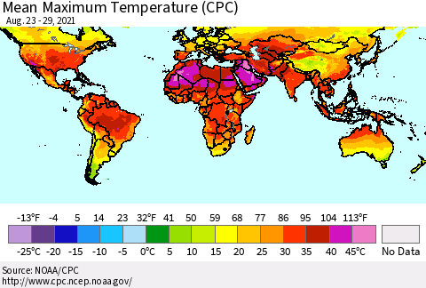 World Mean Maximum Temperature (CPC) Thematic Map For 8/23/2021 - 8/29/2021