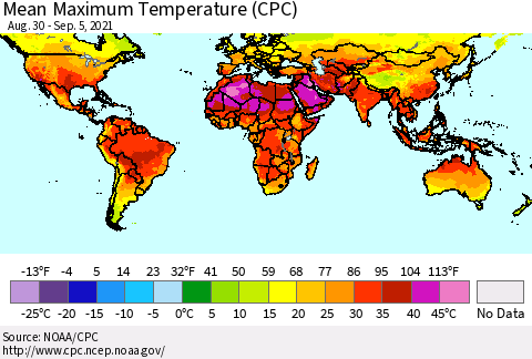 World Mean Maximum Temperature (CPC) Thematic Map For 8/30/2021 - 9/5/2021