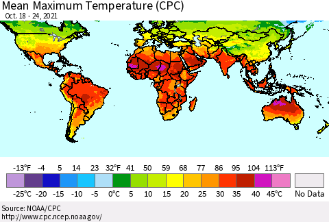 World Mean Maximum Temperature (CPC) Thematic Map For 10/18/2021 - 10/24/2021