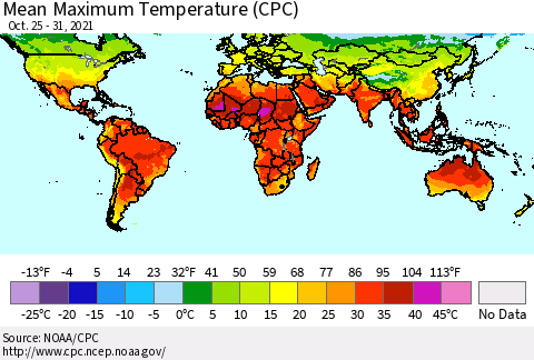 World Mean Maximum Temperature (CPC) Thematic Map For 10/25/2021 - 10/31/2021