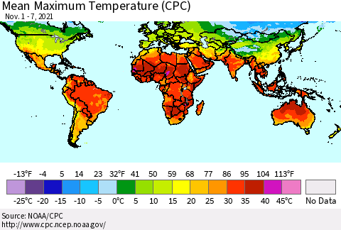 World Mean Maximum Temperature (CPC) Thematic Map For 11/1/2021 - 11/7/2021