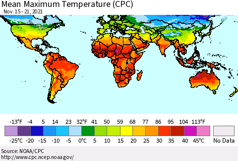 World Mean Maximum Temperature (CPC) Thematic Map For 11/15/2021 - 11/21/2021