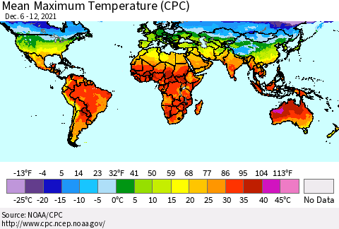 World Mean Maximum Temperature (CPC) Thematic Map For 12/6/2021 - 12/12/2021
