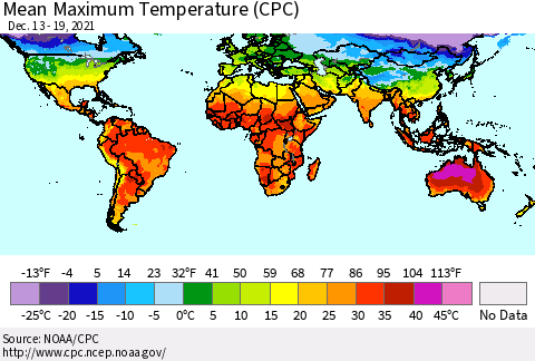 World Mean Maximum Temperature (CPC) Thematic Map For 12/13/2021 - 12/19/2021