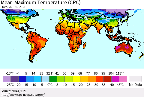 World Mean Maximum Temperature (CPC) Thematic Map For 12/20/2021 - 12/26/2021