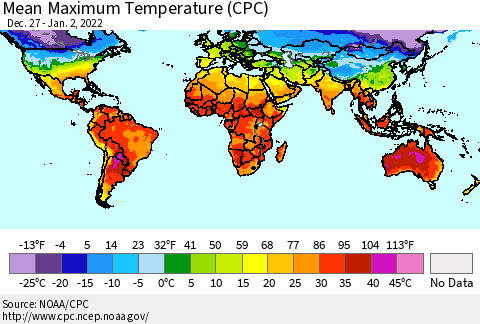 World Mean Maximum Temperature (CPC) Thematic Map For 12/27/2021 - 1/2/2022