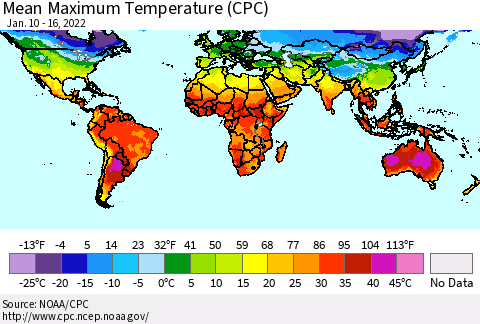 World Mean Maximum Temperature (CPC) Thematic Map For 1/10/2022 - 1/16/2022