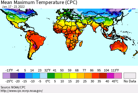 World Mean Maximum Temperature (CPC) Thematic Map For 1/17/2022 - 1/23/2022