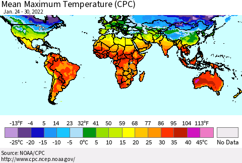 World Mean Maximum Temperature (CPC) Thematic Map For 1/24/2022 - 1/30/2022