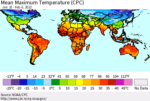 World Mean Maximum Temperature (CPC) Thematic Map For 1/31/2022 - 2/6/2022