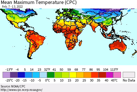 World Mean Maximum Temperature (CPC) Thematic Map For 2/7/2022 - 2/13/2022