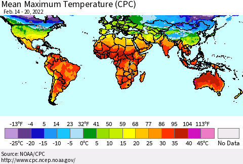 World Mean Maximum Temperature (CPC) Thematic Map For 2/14/2022 - 2/20/2022