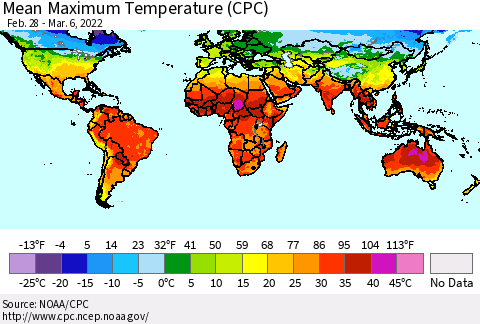 World Mean Maximum Temperature (CPC) Thematic Map For 2/28/2022 - 3/6/2022