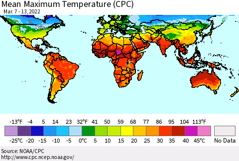 World Mean Maximum Temperature (CPC) Thematic Map For 3/7/2022 - 3/13/2022