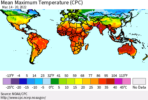 World Mean Maximum Temperature (CPC) Thematic Map For 3/14/2022 - 3/20/2022