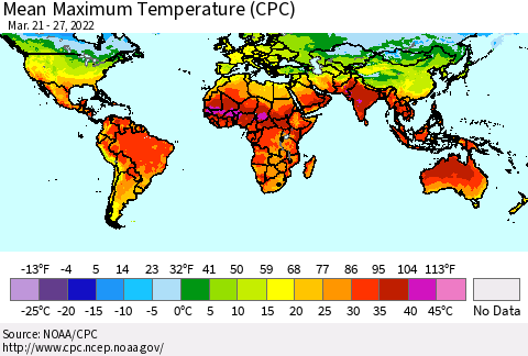 World Mean Maximum Temperature (CPC) Thematic Map For 3/21/2022 - 3/27/2022