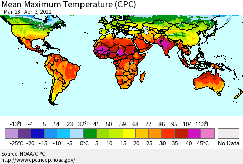 World Mean Maximum Temperature (CPC) Thematic Map For 3/28/2022 - 4/3/2022