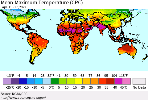 World Mean Maximum Temperature (CPC) Thematic Map For 4/11/2022 - 4/17/2022