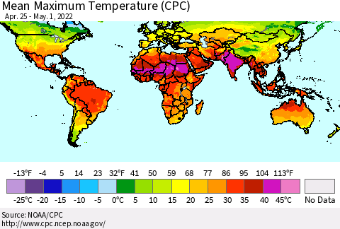 World Mean Maximum Temperature (CPC) Thematic Map For 4/25/2022 - 5/1/2022