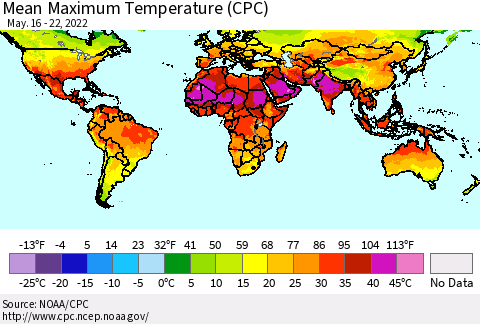 World Mean Maximum Temperature (CPC) Thematic Map For 5/16/2022 - 5/22/2022