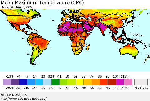 World Mean Maximum Temperature (CPC) Thematic Map For 5/30/2022 - 6/5/2022