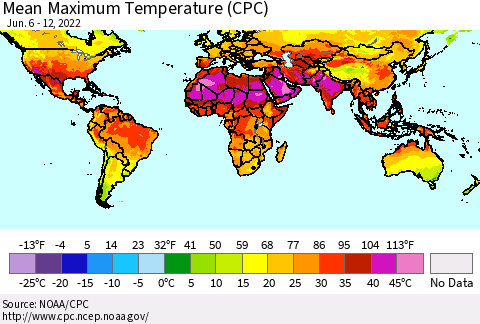 World Mean Maximum Temperature (CPC) Thematic Map For 6/6/2022 - 6/12/2022