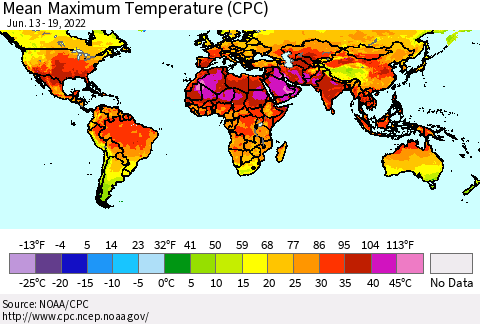 World Mean Maximum Temperature (CPC) Thematic Map For 6/13/2022 - 6/19/2022
