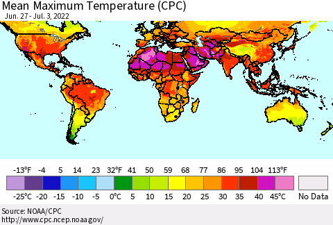 World Mean Maximum Temperature (CPC) Thematic Map For 6/27/2022 - 7/3/2022