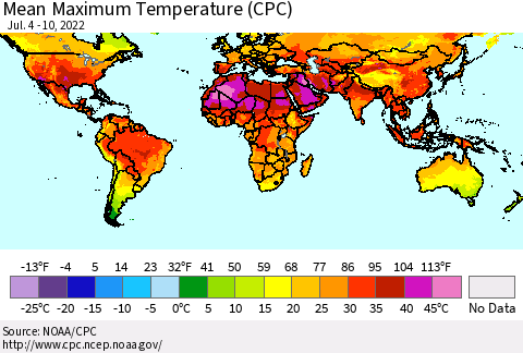 World Mean Maximum Temperature (CPC) Thematic Map For 7/4/2022 - 7/10/2022