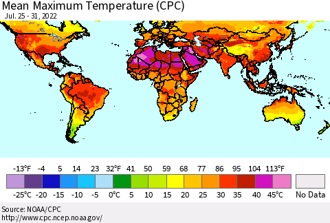World Mean Maximum Temperature (CPC) Thematic Map For 7/25/2022 - 7/31/2022
