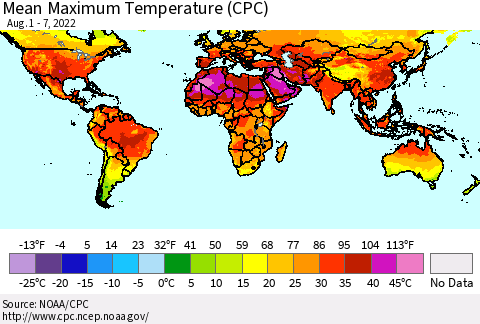 World Mean Maximum Temperature (CPC) Thematic Map For 8/1/2022 - 8/7/2022