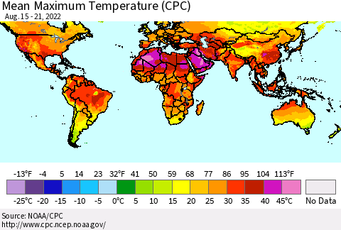 World Mean Maximum Temperature (CPC) Thematic Map For 8/15/2022 - 8/21/2022