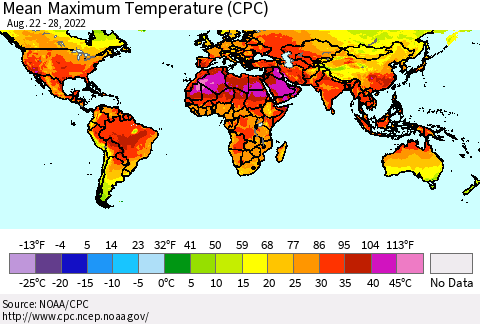World Mean Maximum Temperature (CPC) Thematic Map For 8/22/2022 - 8/28/2022