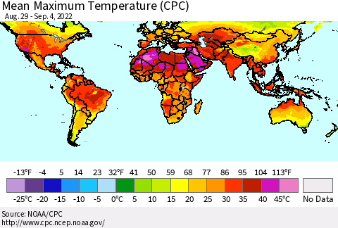 World Mean Maximum Temperature (CPC) Thematic Map For 8/29/2022 - 9/4/2022