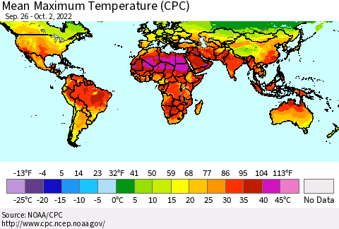 World Mean Maximum Temperature (CPC) Thematic Map For 9/26/2022 - 10/2/2022