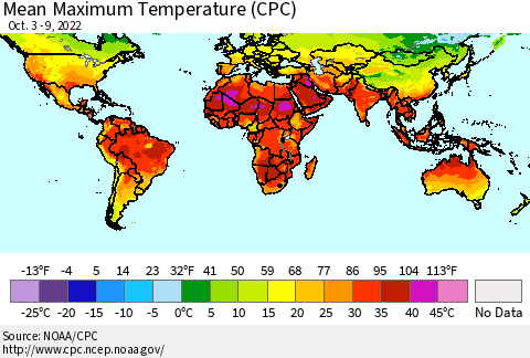 World Mean Maximum Temperature (CPC) Thematic Map For 10/3/2022 - 10/9/2022
