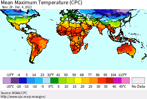 World Mean Maximum Temperature (CPC) Thematic Map For 11/28/2022 - 12/4/2022