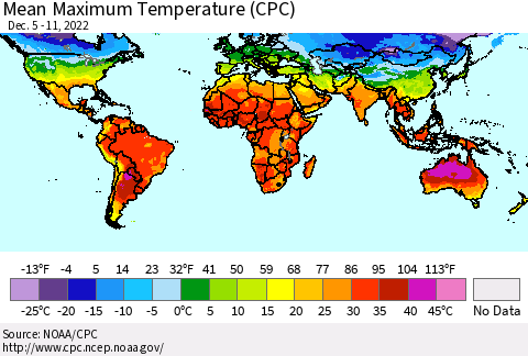 World Mean Maximum Temperature (CPC) Thematic Map For 12/5/2022 - 12/11/2022