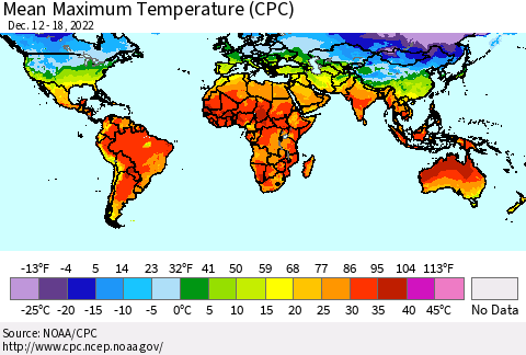 World Mean Maximum Temperature (CPC) Thematic Map For 12/12/2022 - 12/18/2022