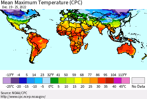 World Mean Maximum Temperature (CPC) Thematic Map For 12/19/2022 - 12/25/2022