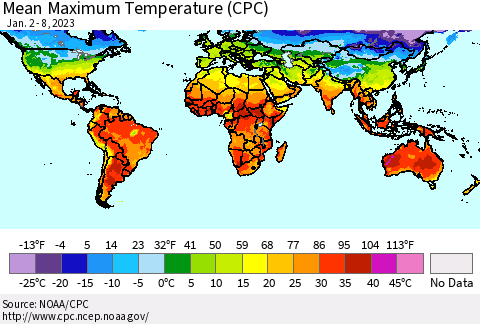 World Mean Maximum Temperature (CPC) Thematic Map For 1/2/2023 - 1/8/2023