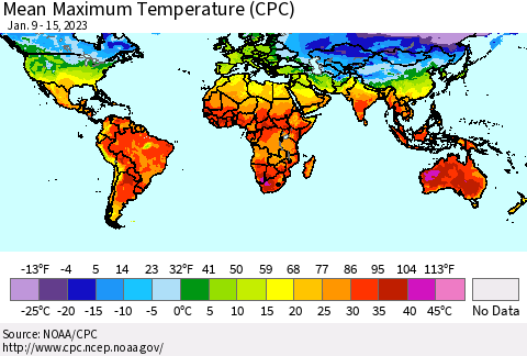 World Mean Maximum Temperature (CPC) Thematic Map For 1/9/2023 - 1/15/2023
