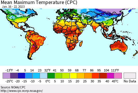 World Mean Maximum Temperature (CPC) Thematic Map For 1/16/2023 - 1/22/2023